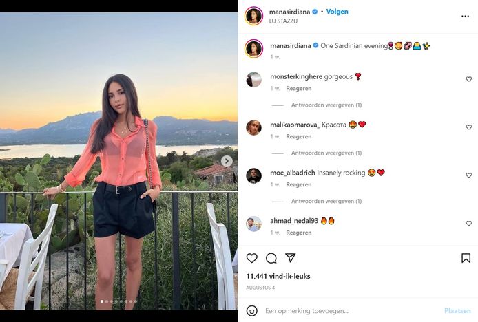 Dochter Diana Manasir geniet van het mooie leven op Sardinië en laat haar ruim 300.000 volgers op Instagram meegenieten.