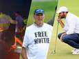 Links: Scottie Scheffler wordt aangehouden. Midden: een toeschouwer draagt een shirt met de tekst 'free Scottie'. Rechts: Scottie Scheffler tijdens dag twee van het PGA Championship.
