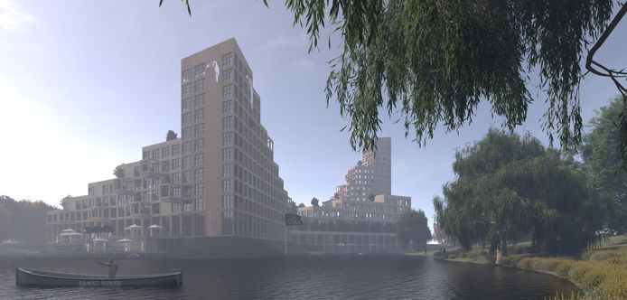 Een impressie van de nieuwbouw van hotel Van der Valk in Vught met op de voorgrond de Heunvijver.