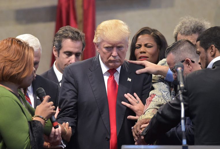 Donald Trump tijdens het Midwest Vision and Values Pastors and Leadership Conference in Cleveland Heights, Ohio in 2016. Een groep adviseurs van de president ondertekende de Nashville-verklaring. Beeld AFP
