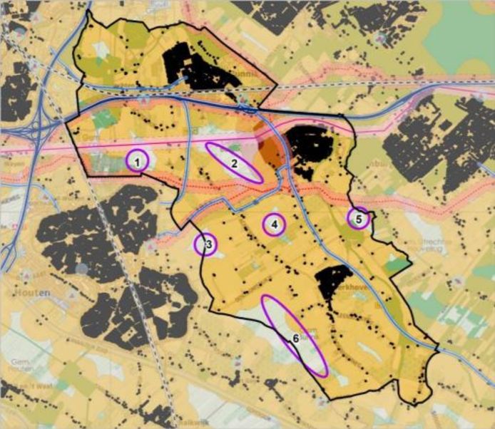 Kaart van de zes potentiële locaties voor windmolens in de gemeente Bunnik.