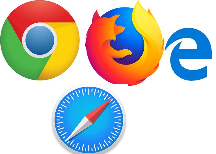 De vier webbrowsers, Chrome, Firefox, Edge en Safari.