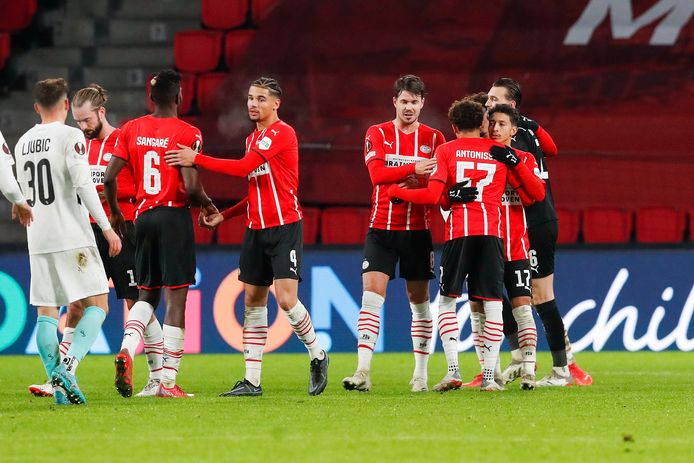 PSV players celebrate the 2-0 victory over Sturm Graz.