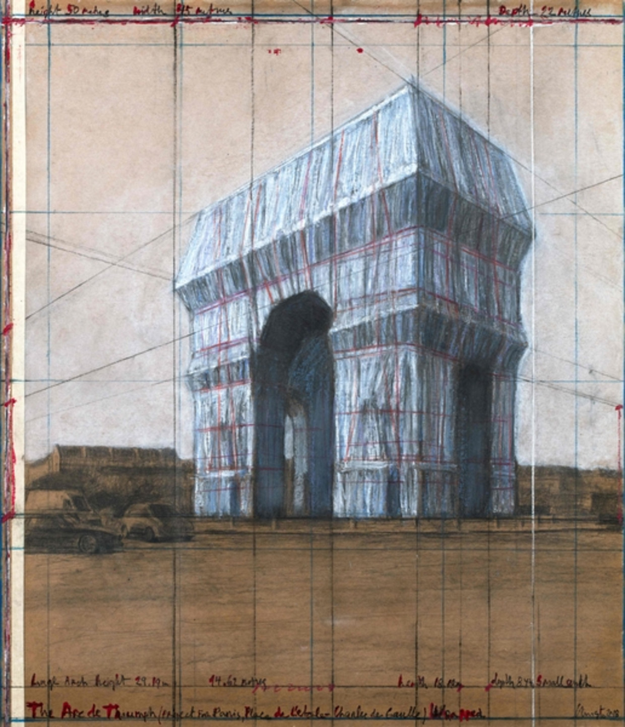 Impressie van een ingepakte Arc de Triomphe, voorbereidende tekening door de kunstenaar Christo. Beeld AFP