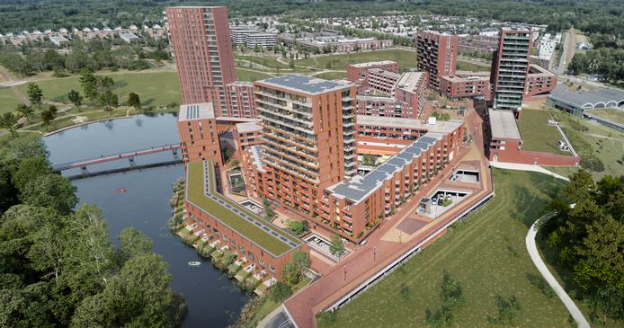 Impressie van woongebouw De Hooghe Heer met 138 appartementen en de bijbehorende 17 waterwoningen bij centrum Meerrijk in de Eindhovense wijk Meerhoven.