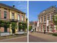 Twee rijksmonumenten aan de Grotestraat, met reclame: het herenhuis met dierenkliniek (links) en het oude postkantoor met makelaardij (rechts).