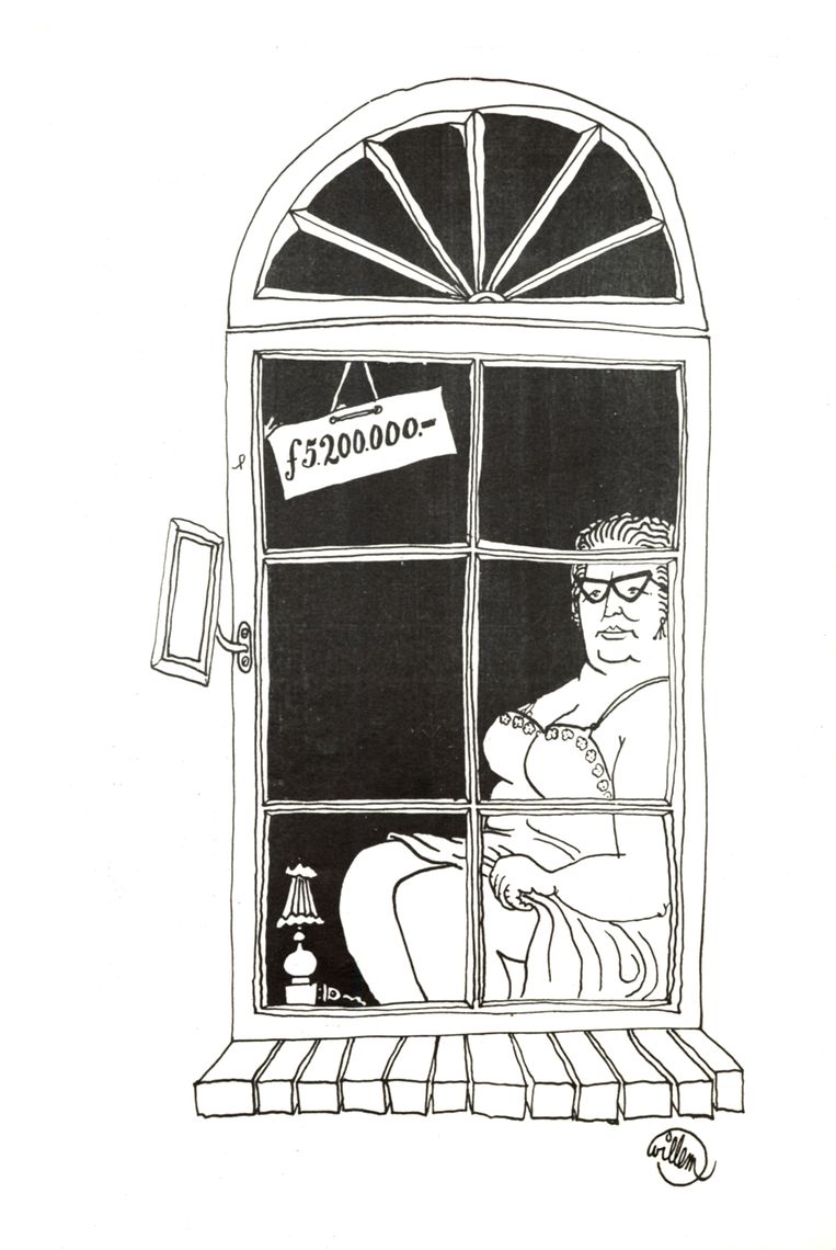 Koningin Juliana afgebeeld als prostituee in 1966 door tekenaar Willem in het provoblad God, Nederland en Oranje. Boete 200 gulden. Beeld Willem / Internationaal Instituut voor Sociale Geschiedenis
