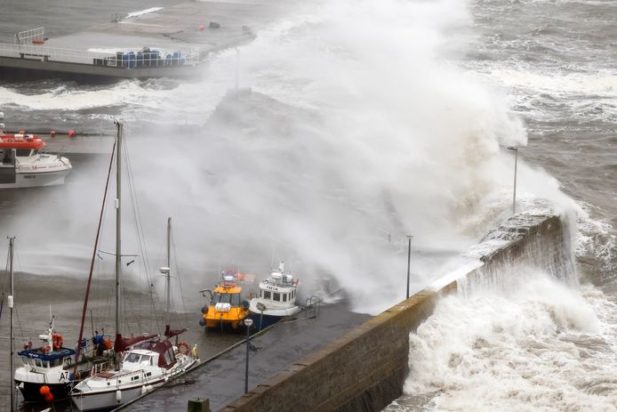 Hoge golven in de haven van Stonehaven, Schotland.