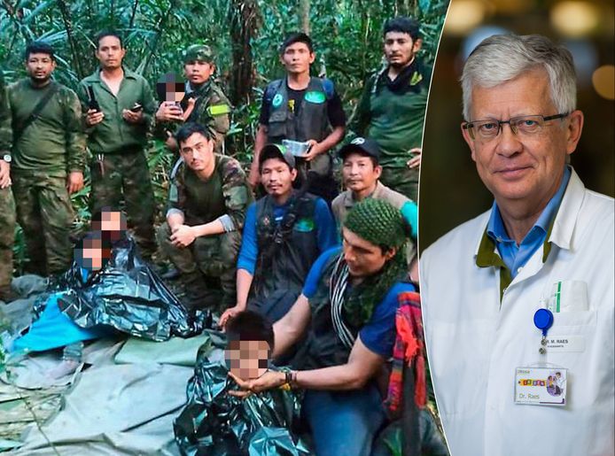 Links: de kinderen met de Colombiaanse militairen die hen gevonden hebben. Rechts: pediater Marc Raes.