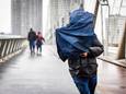 Wandelaars op de Erasmusbrug trotseren zware windstoten en regen tijdens een zware regenbui maandag. Woensdagmiddag geldt weer code geel.