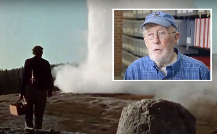 Een jonge Thomas Brock bij de warmwaterbronnen van het Yellowstone National Park in Californië. Inzet: de microbioloog in 2017.