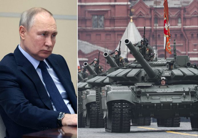 De Russische president Vladimir Poetin en een tankparade op het Rode Plein in Moskou