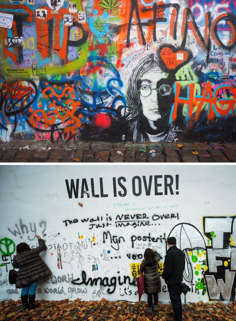Voor en na: de in 2014 overgeschilderde afbeelding van John Lennon. Beeld EPA