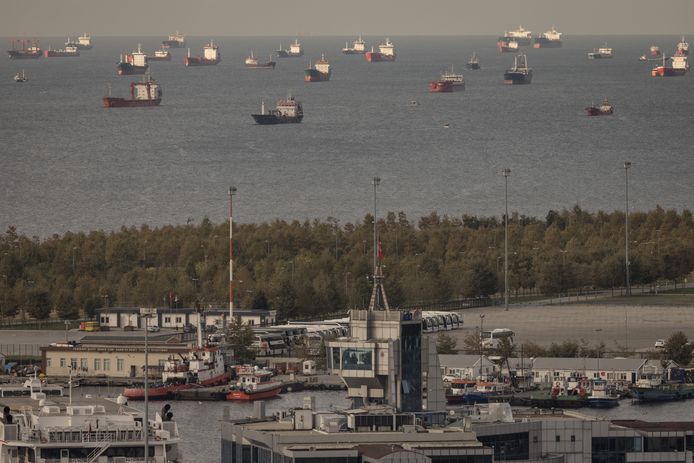 Schepen, inclusief graanschepen uit Oekraïne, wachten voor de kust van Istanboel op inspectie voor ze mogen doorvaren. Foto van 14 oktober.