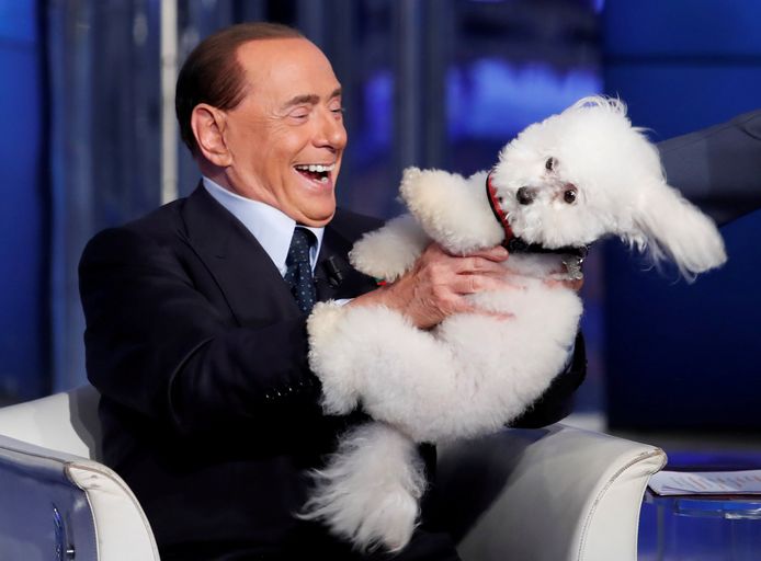 Berlusconi knuffelt met een hond tijdens een tv-interview.