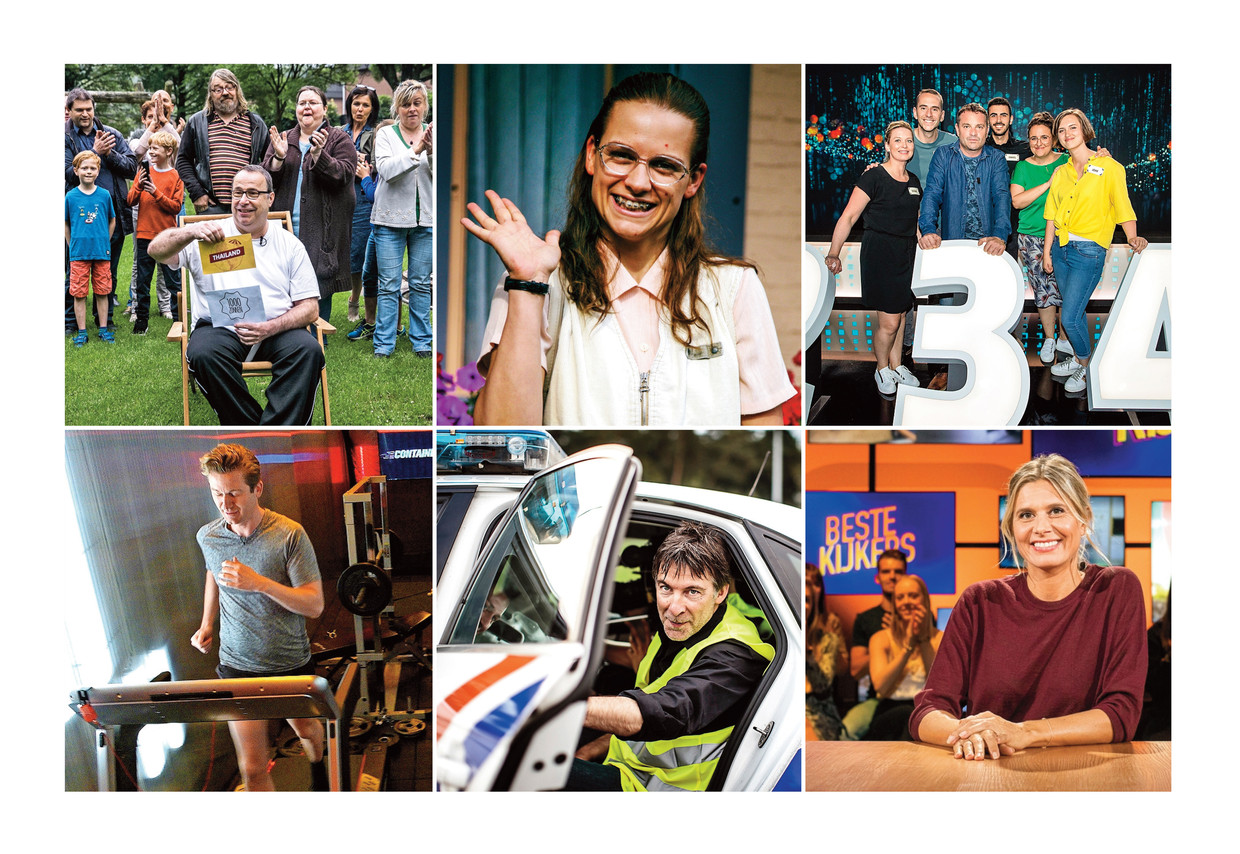 Enkele kanshebbers (in wijzerzin, linksboven te beginnen): een variant op 'De stoel' (Eén), de telenovelle 'Sara' (VTM), de quiz 'Switch' (Eén), het compilatieprogramma 'Beste kijkers' (VTM), reality in 'Alloo bij de wegpolitie' (VTM), en de onverwachte hit 'De Container Cup' (VIER). Beeld rv