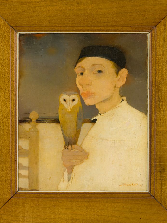 Schilderij van Jan Mankes. Zelfportret met uil, uit 1911.