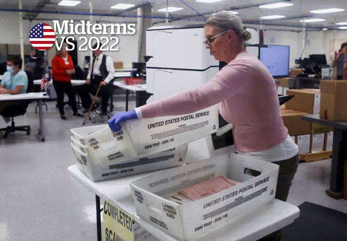 Stembiljetten worden met een machine geteld in Maricopa County in de regio Phoenix van strijdstaat Arizona. (10/11/22)