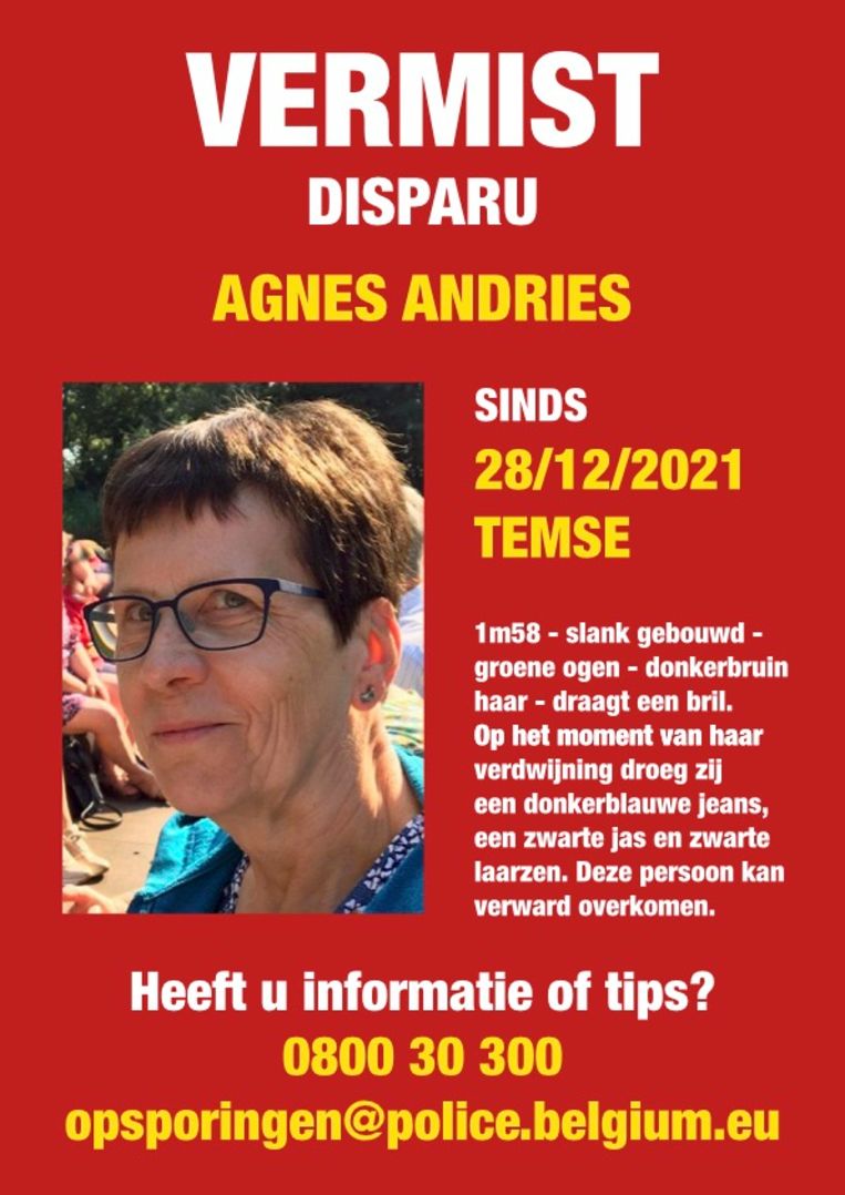 Het opsporingsbericht voor Agnes Andries. Beeld RV
