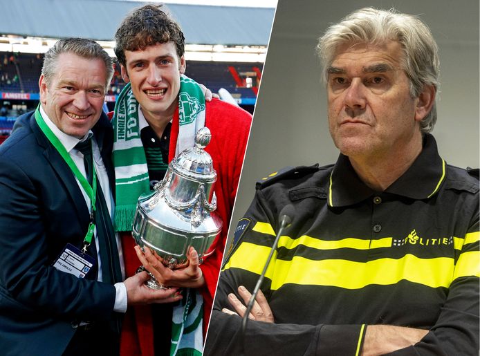 Links: Hans Nijland met Eric Botteghin na de bekerwinst van FC Groningen in 2015. Rechts: Frank Paauw, nu nog hoofdcommissaris van de Amsterdamse politie.