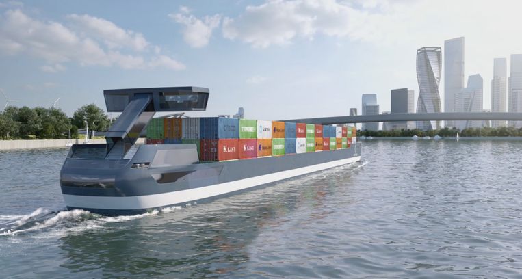 Een artist impression van het elektrisch aangedreven containerschip dat misschien volgend jaar al in de binnenvaart gebruikt wordt. Beeld Design Omega Architects