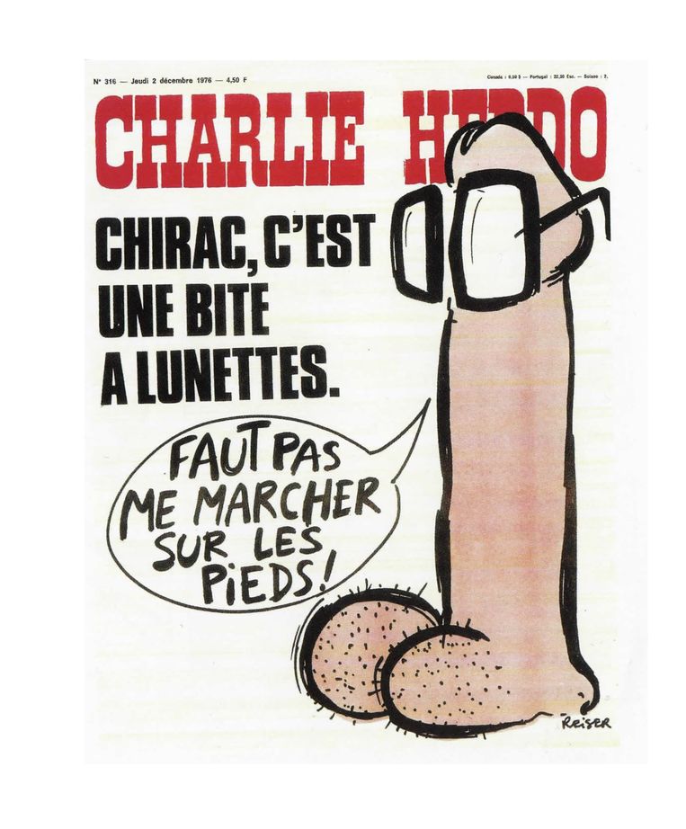 Deze cover van het Franse blad Charlie Hebdo mocht niet worden getoond op een expositie in Duitsland. Beeld 