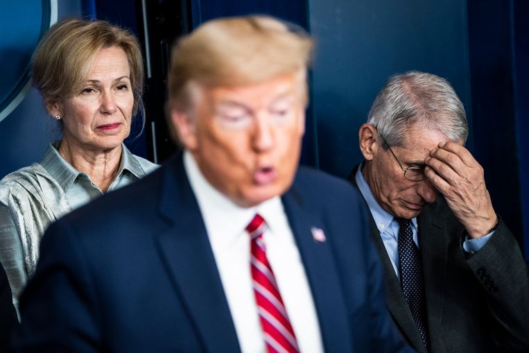Fauci grijpt naar zijn hoofd op de beruchte 'coronapersconferentie’. Beeld The Washington Post via Getty Im