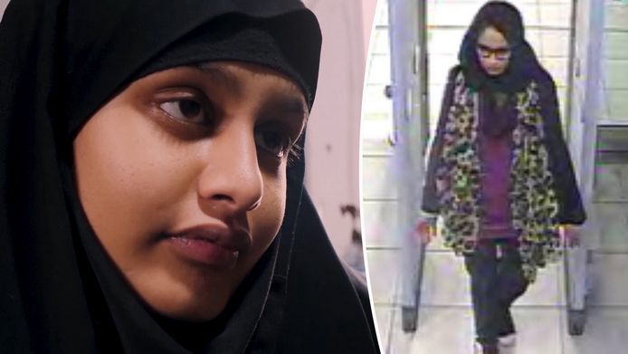 Shamima Begum nu (links) en bij haar vlucht naar Syrië in 2015.