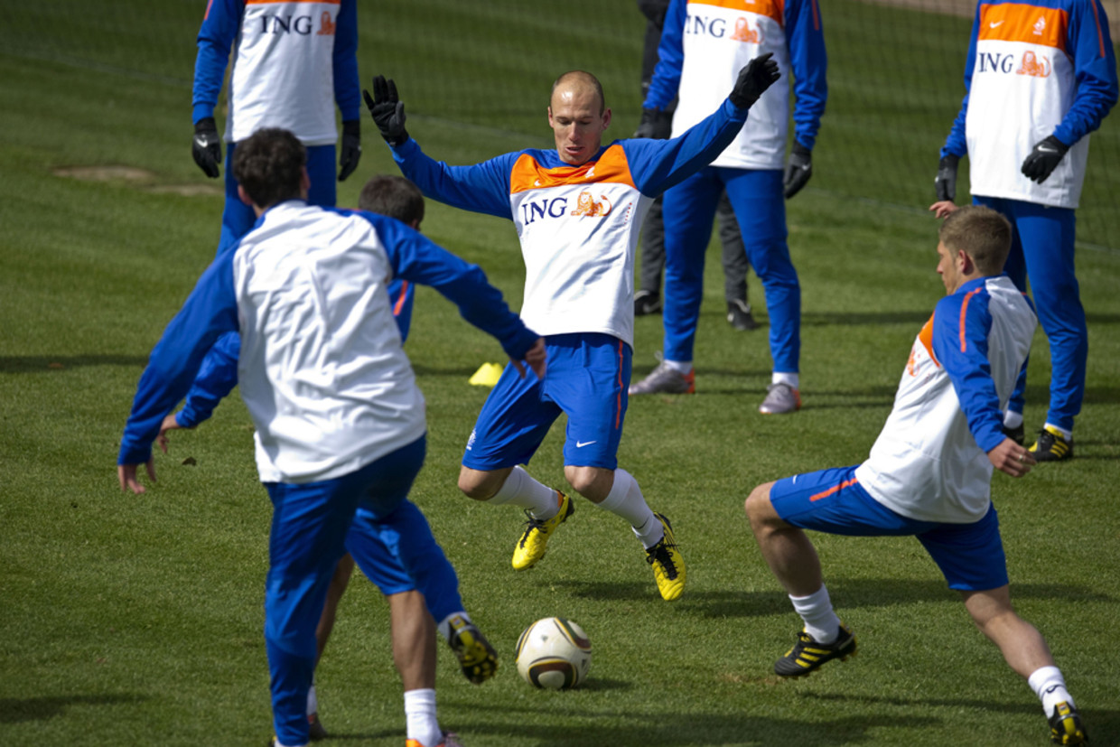 Het Nederlands elftal traint, hier op het trainingscomplex Wits Universiteit, een dag na de met 2-0 gewonnen wedstrijd tegen Denemarken (ANP) Beeld ANP