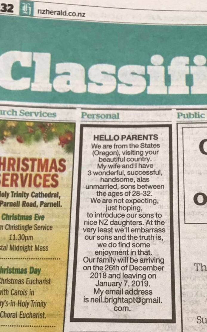 Het ongewone oproepje in de New Zealand  Herald afgelopen december.