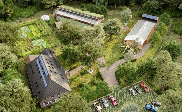 De nieuwe situatie met links de Van Coothhoeve, en bovenaan het bezoekerscentrum. Rechts de veldschuur.