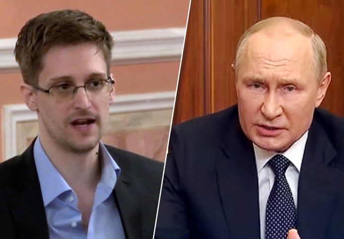 Fotomontage HLN. De klokkenluider Edward Snowden en de Russische president Vladimir Poetin.