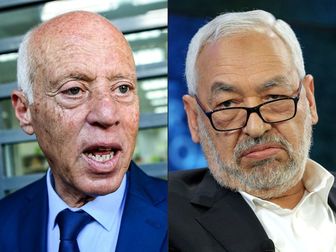 Le président tunisien Kais Saied (à gauche) et le leader du parti Ennahdha et président du Parlement, Rached Ghannouchi