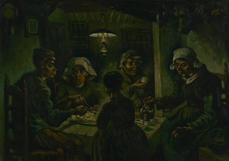 De Aardappeleters van Vincent van Gogh (april-mei 1885). Op dit schilderij zijn de karaktiristieke gezichten van de boerenfiguren van Van Gogh goed te zien.