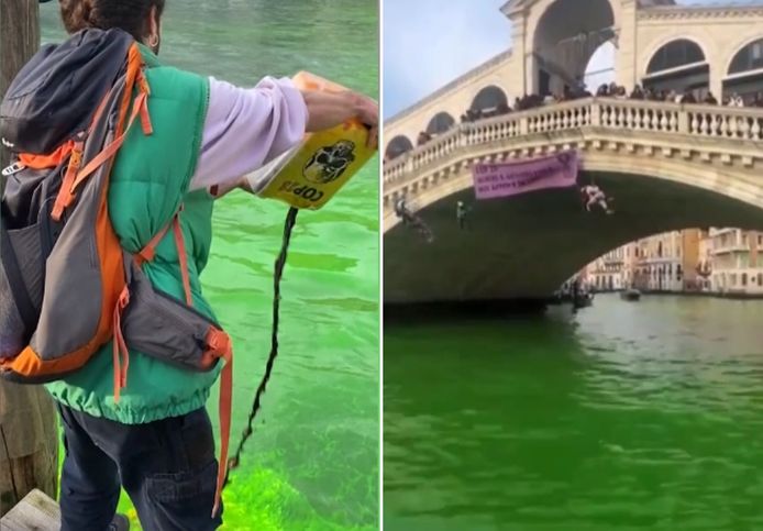 Klimaatactivisten kleuren kanaal in Venetië gifgroen