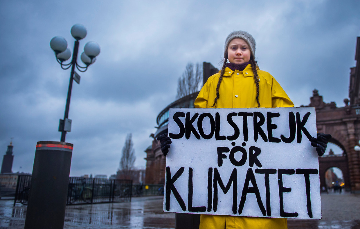 De 15-jarige Zweedse Greta Thunberg met op haar bord ‘Schoolstaking voor het klimaat'. Beeld REUTERS