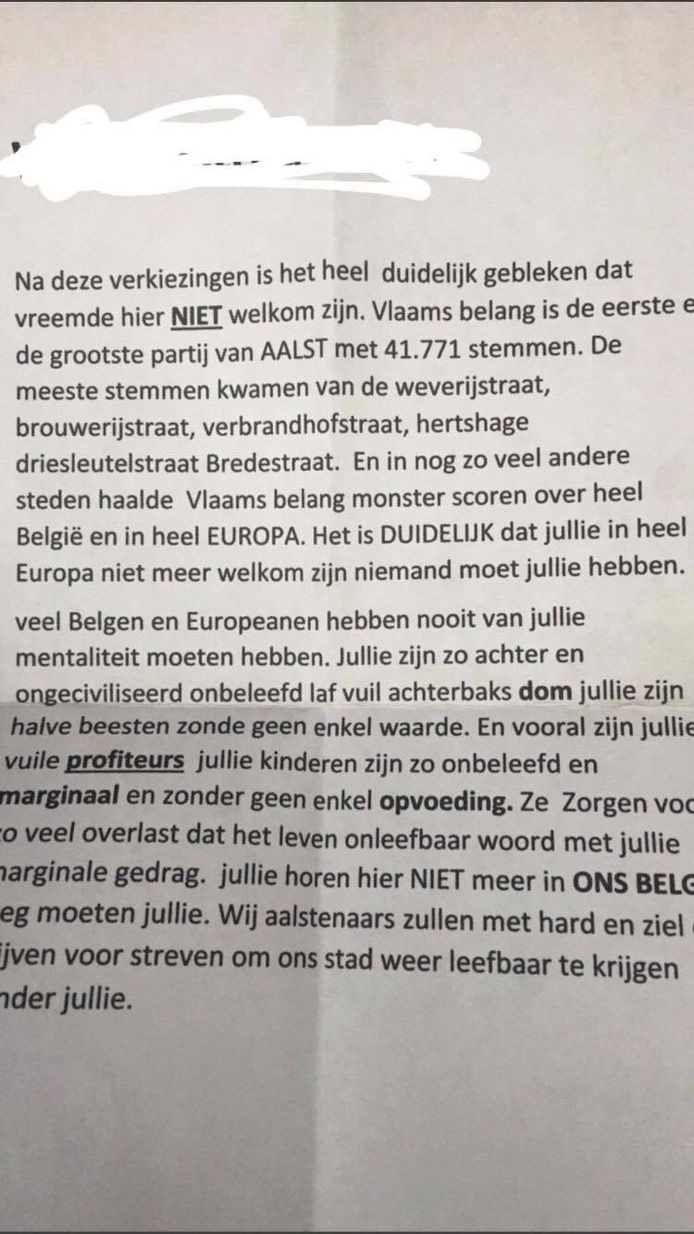Aalstenaar krijgt racistische brief in de bus: “Jullie vreemden zijn