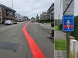 Een fietszone kan op meerdere manieren worden aangeduid. Bijvoorbeeld door een dikke rode streep op het wegdek (links) of door een verkeersbord (rechts).