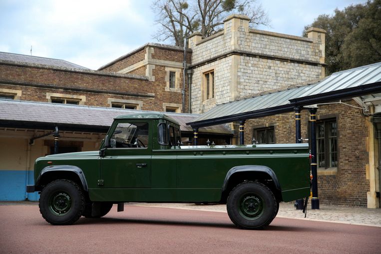 The Land Rover Defender that will be used to transport the coffin of Britain's Prince Philip, Duke of Edinburgh during the funeral procession is parked in Windsor Castle, Windsor on April 14, 2021.   The modified Land Rover Defender TD5 130 chassis cab vehicle was made at Land Rover's Solihull factory in 2003 and the Duke oversaw the modifications requesting a repaint in military green and designing the open top rear and special 
