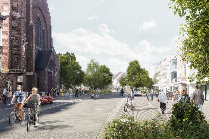 Heraanleg Lauweplaats. De straat wordt opgeschoven naar de kerk zodat meer ruimte ontstaat voor voetpaden en terrassen.