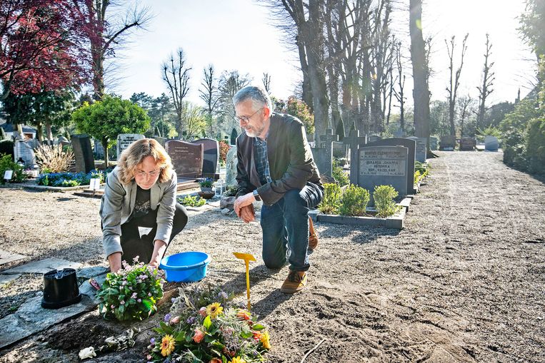 Bea en Hans Schaapherder bij het graf van hun vader in Laren. Beeld Guus Dubbelman / de Volkskrant