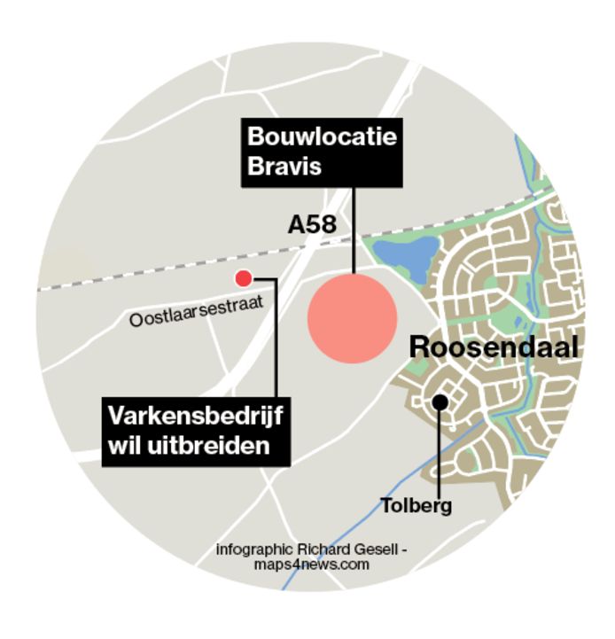 Het varkensbedrijf Porco ligt, weliswaar gescheiden door de A58, nabij de nieuwbouwlocatie voor Bravis ziekenhuismet