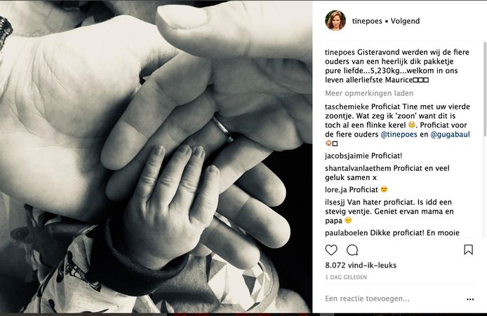 Tine Embrechts maakt de geboorte van zoon Maurice bekend op Instagram.