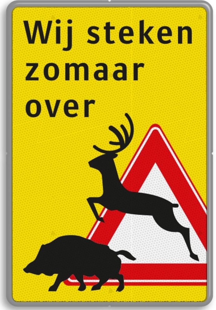 Het nieuwe verkeersbord dat in de gemeente Heerde langs openbare wegen wordt geplaatst. Het is opvallender en waarschuwt verkeer beter voor overstekend wild.