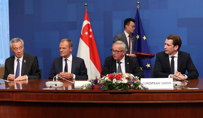 Lee Hsien Loong, Jean-Claude Juncker, Donald Tusk en Sebastian Kurz.
