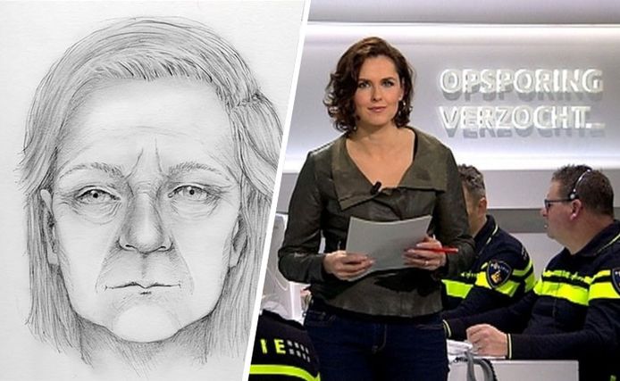 Post-mortem tekening van de vrouw. Rechts: still uit Opsporing Verzocht.