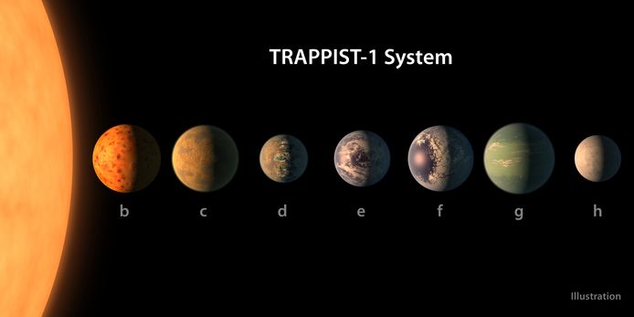 De planeten Trappist-1 e, f en g, omcirkelen in de levensvatbare zone hun ster, wat betekent dat er vloeibaar water op hun oppervlak zou zijn.