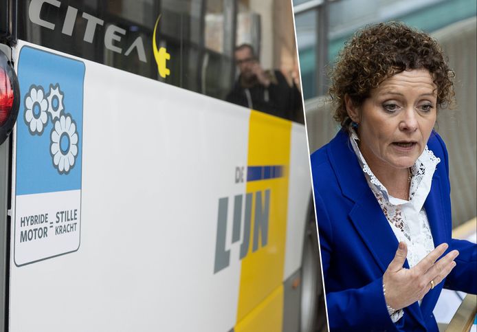 Een hybridemodel van een lijnbus. Rechts: Vlaams minister voor Mobiliteit Lydia Peeters (Open Vld).