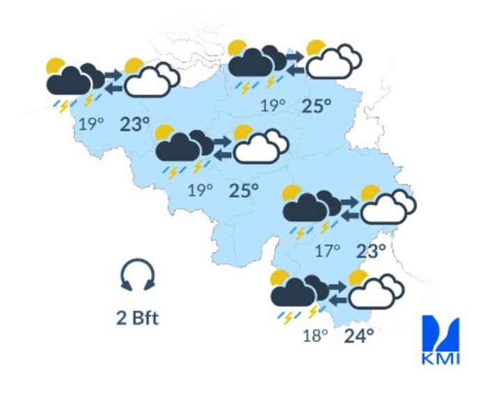 Woensdag blijft de atmosfeer onstabiel met natte perioden. De buien kunnen lokaal intens zijn en onweer, hagel en felle windstoten met zich meebrengen.