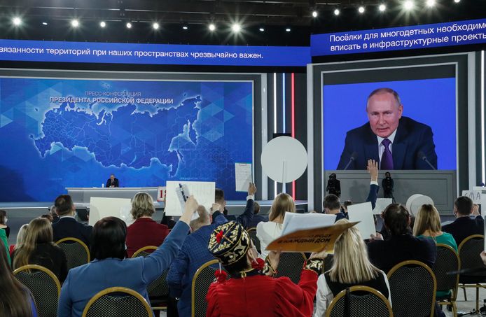 De Russische president Vladimir Poetin tijdens zijn jaarlijkse persconferentie in Moskou.